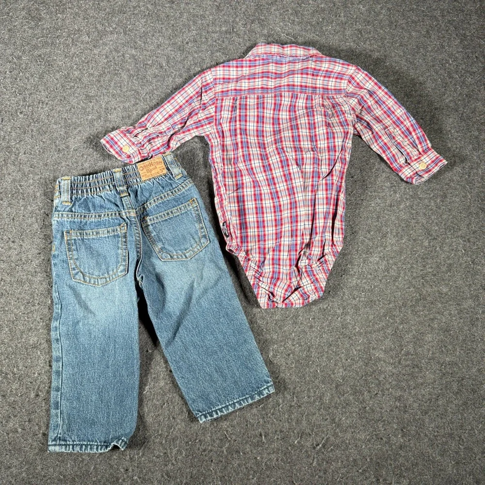 OshKosh Bgosh Baby Boys 12M Plaid Bodysuit and Denim Jeans 2pc Outfit Set